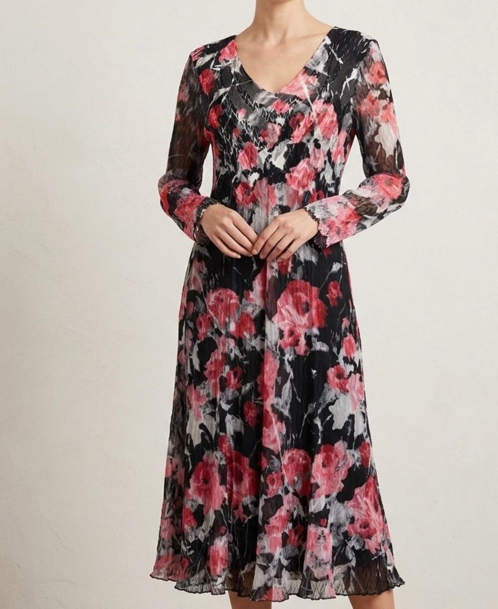 Komarov Georgette Midi Dress Crinkle Floral Black Pink Long Sleeve V-Neck Large